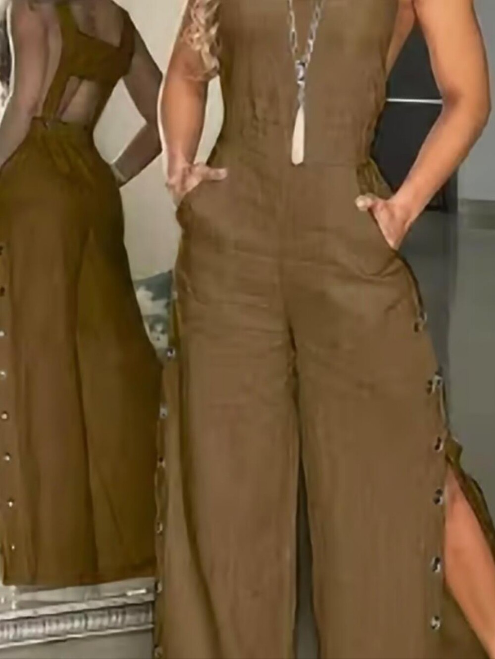 Sleeveless Wide-Leg Jumpsuit in Brown